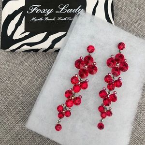 Red Crystal Rhinestone Chandelier Silver Earring
